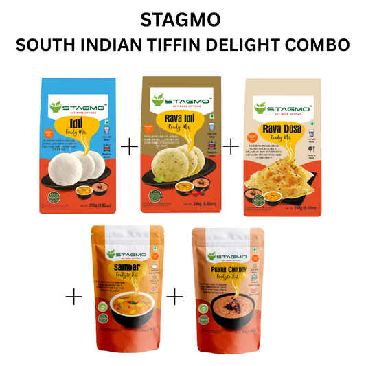 STAGMO SOUTH INDIAN TIFFIN DELIGHT COMBO - Idli, Rava Idli, Rava Dosa, Sambar, Peanut Chutney