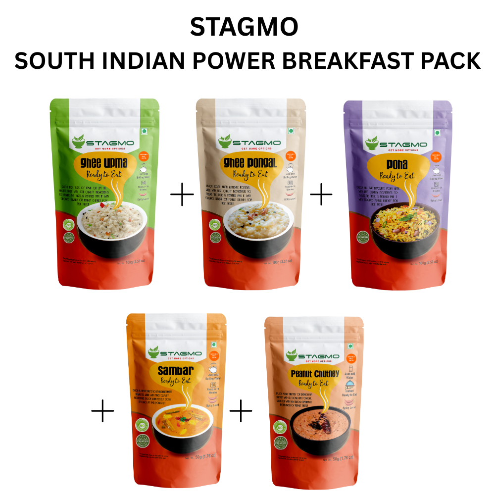 STAGMO SOUTH INDIAN POWER BREAKFAST PACK - Ghee Upma, Ghee Pongal, Poha, Sambar, Peanut Chutney