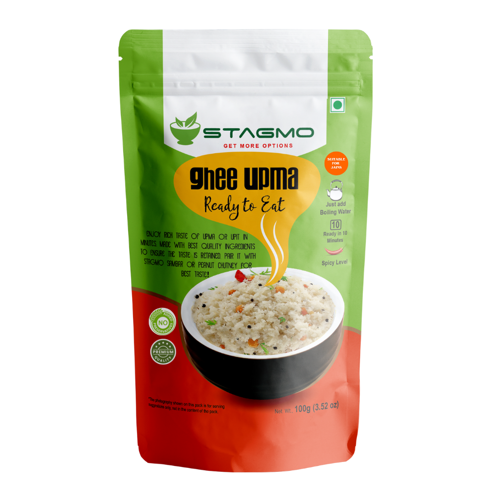 STAGMO SOUTH INDIAN POWER BREAKFAST PACK - Ghee Upma, Ghee Pongal, Poha, Sambar, Peanut Chutney